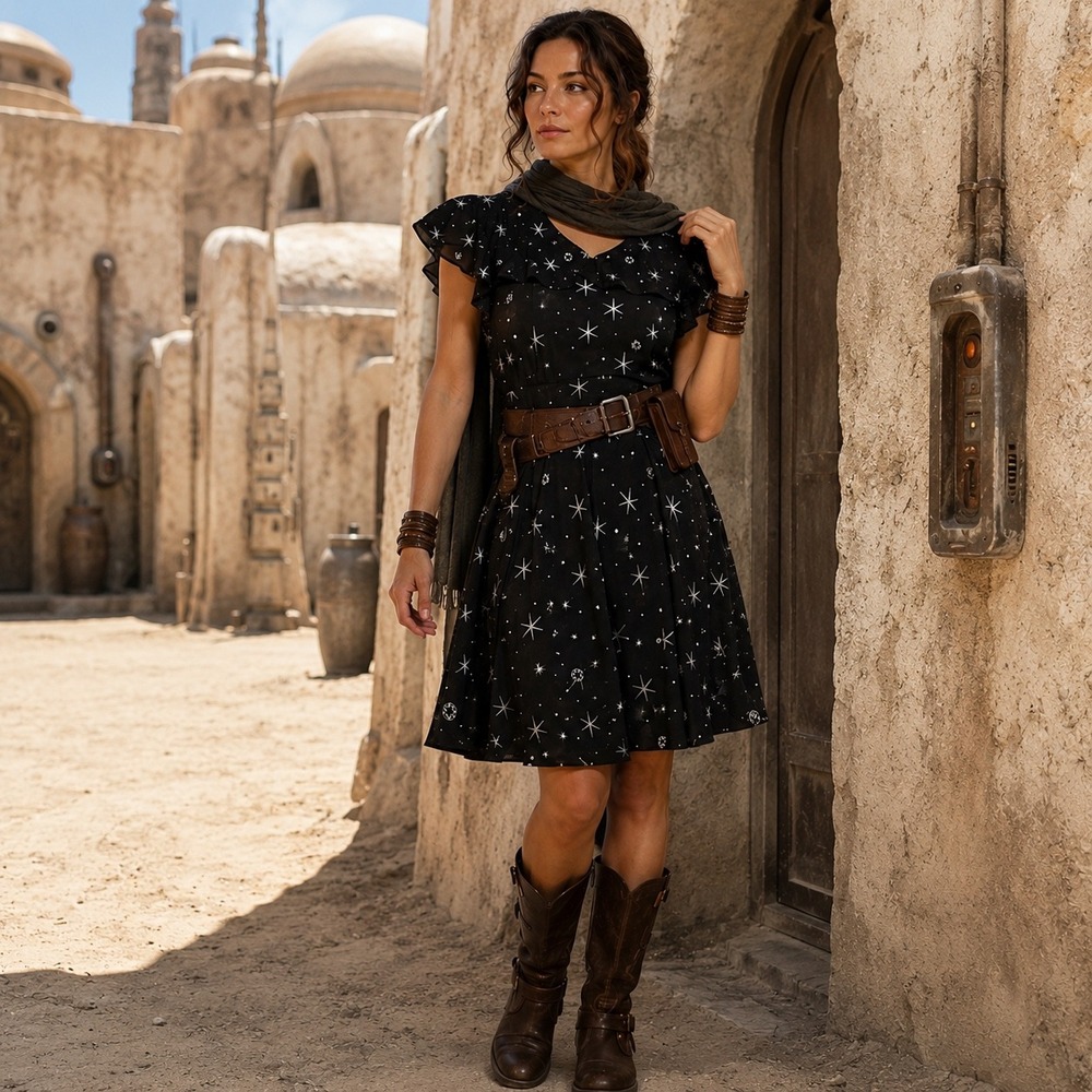 Star Wars Chiffon Dress Women L Black Imperial Crest Star Print Ruffle Sleeve